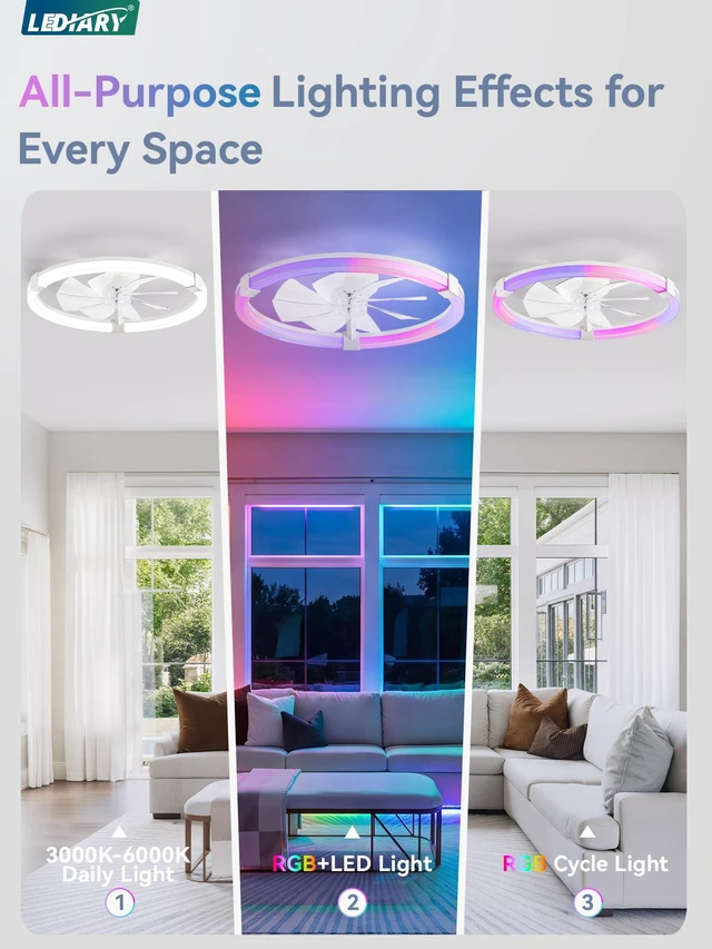 Alt view image 2 of 7 - Ceiling Fan with Light,23inch Low Profile Fandelier with Remote RGB RGB,6 Speeds, Reversible DC Motor, Dimmable Flush Mount Fan Light, Modern fans for Bedroom