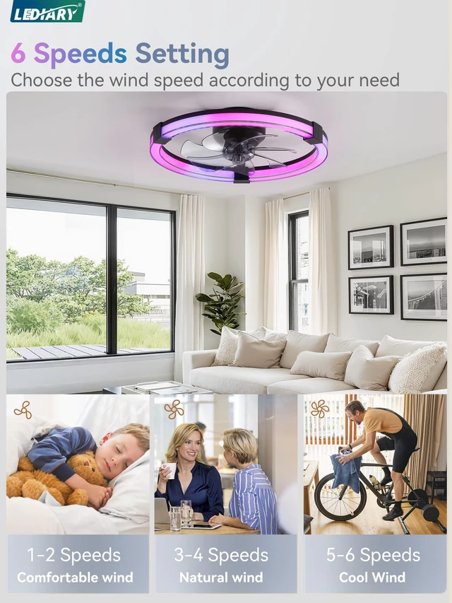 Alt view image 7 of 7 - Ceiling Fan with Light,20inch Low Profile Fandelier with Remote RGB RGB,6 Speeds, Reversible DC Motor, Dimmable Flush Mount Fan Light, Modern fans for Bedroom