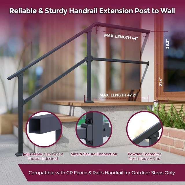 Alt view image 3 of 7 - Fence & Rail Hand Rails for Outdoor Steps Extension, 4ft Rectangular Handrail Extension to Wall, Handrails for Step Landings Ideal for Porch, Deck, & Stair Railing Indoor & Outdoor