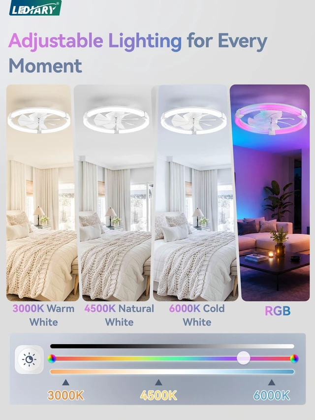 Alt view image 3 of 7 - Ceiling Fan with Light,23inch Low Profile Fandelier with Remote RGB RGB,6 Speeds, Reversible DC Motor, Dimmable Flush Mount Fan Light, Modern fans for Bedroom
