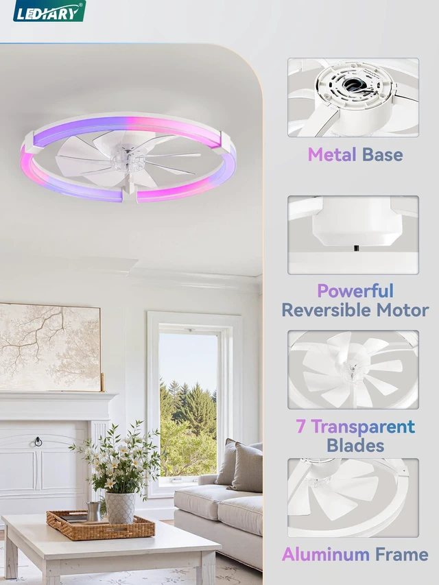 Alt view image 5 of 7 - Ceiling Fan with Light,23inch Low Profile Fandelier with Remote RGB RGB,6 Speeds, Reversible DC Motor, Dimmable Flush Mount Fan Light, Modern fans for Bedroom