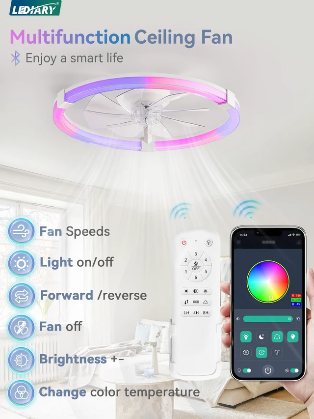 Alt view image 6 of 7 - Ceiling Fan with Light,23inch Low Profile Fandelier with Remote RGB RGB,6 Speeds, Reversible DC Motor, Dimmable Flush Mount Fan Light, Modern fans for Bedroom