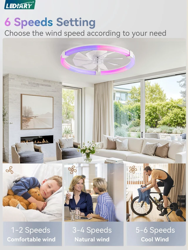 Alt view image 7 of 7 - Ceiling Fan with Light,23inch Low Profile Fandelier with Remote RGB RGB,6 Speeds, Reversible DC Motor, Dimmable Flush Mount Fan Light, Modern fans for Bedroom