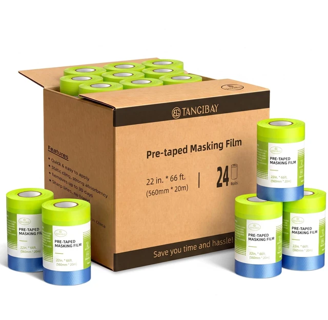 Main image of Pre-Taped Masking Film - 22" x 66' Painters Plastic Sheeting with Painter's Tape and Drape for Automotive & House Painting, Covering Cars, Walls, Windows and Furniture Protection (24 Rolls)