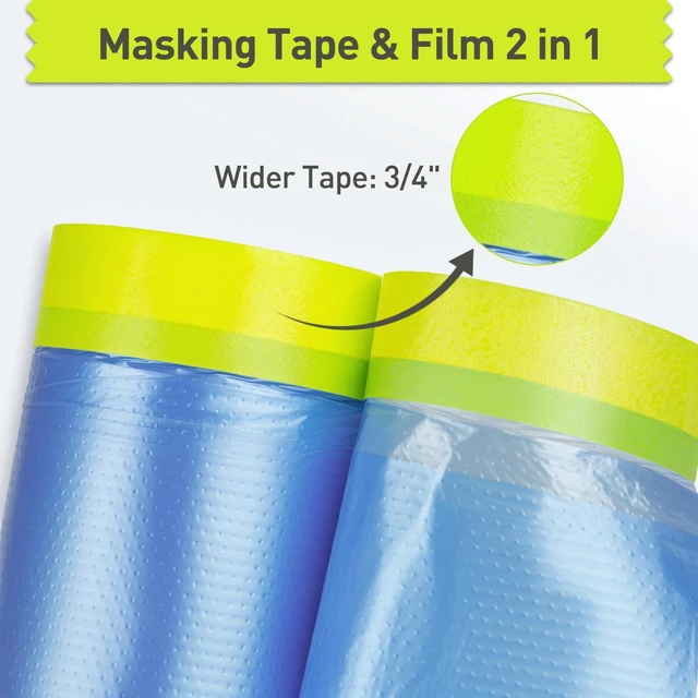 Alt view image 3 of 7 - Pre-Taped Masking Film for Painting - 70" x 66' Painters Plastic Sheeting for House & Automotive Paint, Tape and Drape for Covering Cars, Walls, Windows and Furniture Protection (1 Roll)