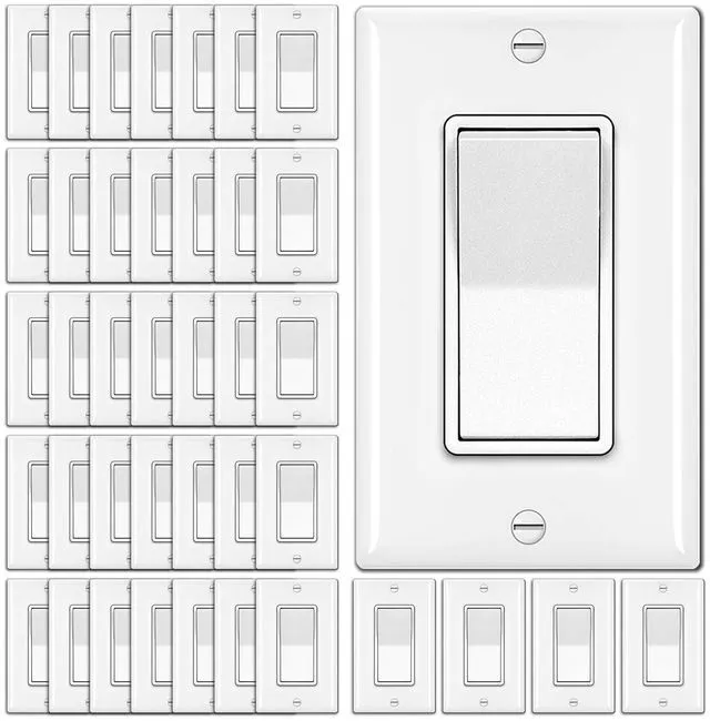 Main image of 40 Bulk 3-Way Wall Light Switch, w/Wall Plate, UL Listed, White 15A 120V/277V, On/Off Rocker Paddle Wall Switch, Single Pole or Three Way, 3 Wire, Residential and Commercial Grade