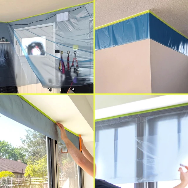 Alt view image 6 of 7 - Pre-Taped Masking Film for Painting - 70" x 66' Painters Plastic Sheeting for House & Automotive Paint, Tape and Drape for Covering Cars, Walls, Windows and Furniture Protection (1 Roll)