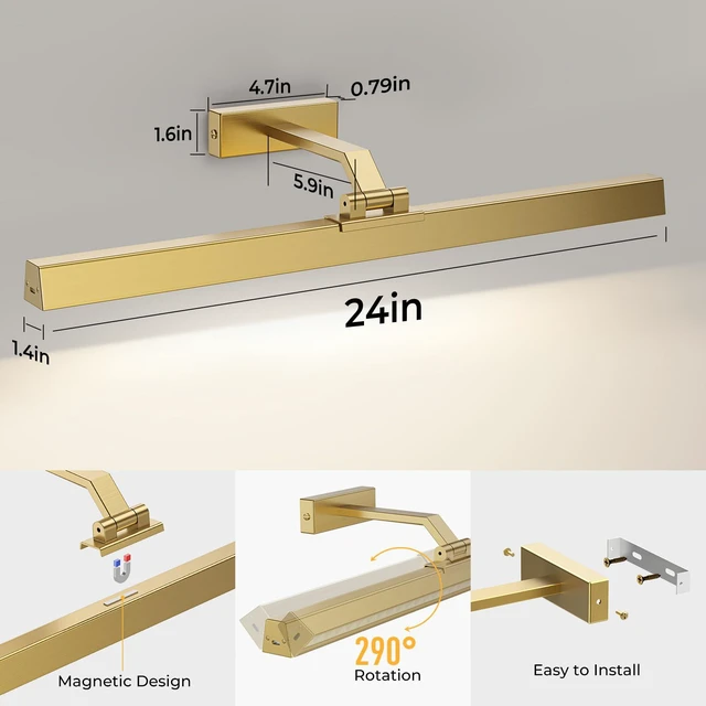 Alt view image 6 of 7 - Picture Lights for Wall, Brushed Gold Battery Operated Picture Light 24in Art Light CCT Dimmable Recharging Battery Wall Light with Remote Control for Living Room Gallery