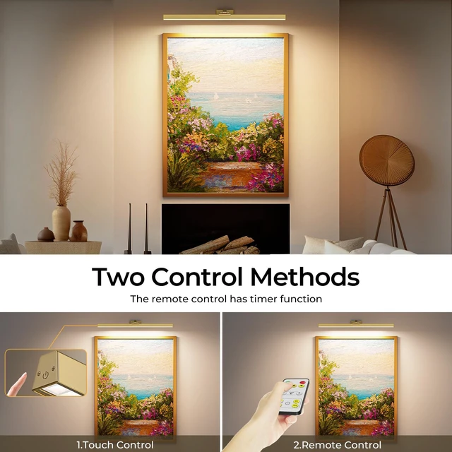 Alt view image 7 of 7 - Picture Lights for Wall, Brushed Gold Battery Operated Picture Light 24in Art Light CCT Dimmable Recharging Battery Wall Light with Remote Control for Living Room Gallery
