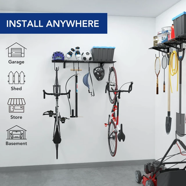 Alt view image 2 of 7 - 1-Pack 1x4 ft Garage Wall Shelving, Include 6 Bike Hooks, Black Wall Shelf Garage Organization System w/Bike Hangers, Storage Rack, Floating Shelves, 150 lbs Weight Capacity, Classic Series