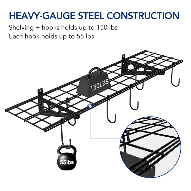 Alt view image 4 of 7 - 1-Pack 1x4 ft Garage Wall Shelving, Include 6 Bike Hooks, Black Wall Shelf Garage Organization System w/Bike Hangers, Storage Rack, Floating Shelves, 150 lbs Weight Capacity, Classic Series