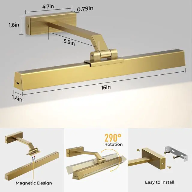 Alt view image 3 of 7 - Picture Lights for Wall, Brushed Gold Battery Operated Picture Light 16in Art Light CCT Dimmable Recharging Battery Wall Light with Remote Control for Living Room Gallery 2PCS