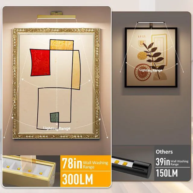 Alt view image 4 of 7 - Picture Lights for Wall, Brushed Gold Battery Operated Picture Light 16in Art Light CCT Dimmable Recharging Battery Wall Light with Remote Control for Living Room Gallery 2PCS