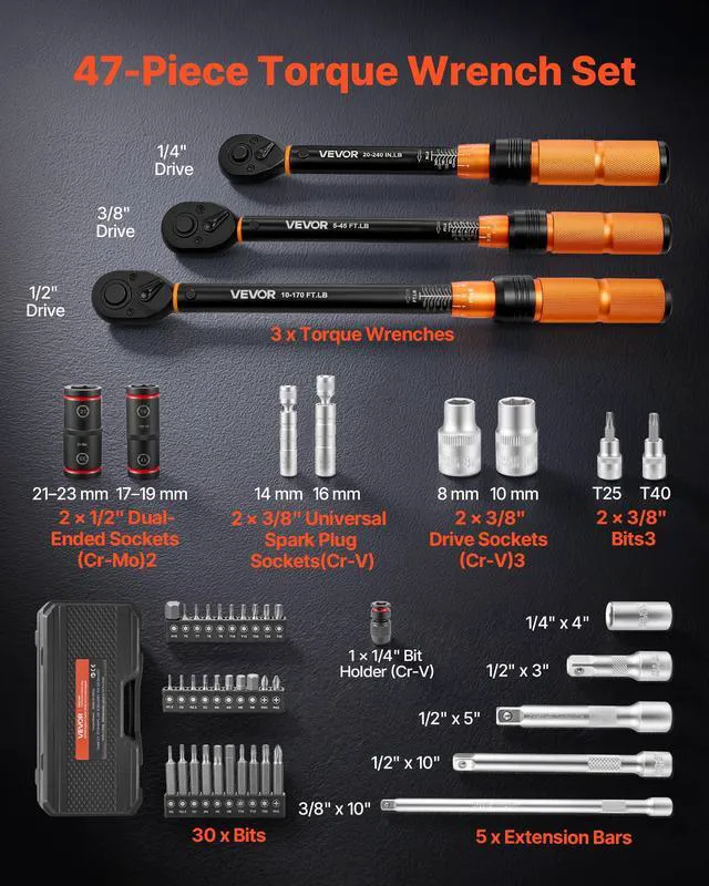 Alt view image 2 of 7 - Torque Wrench Set 1/4" 3/8" 1/2" Drive Click Torque Wrench 47-Piece, Dual Scale Readings, ±3% High Precision, with Spark Plug Sockets, Bits, Extension Bars, Storage Case, for Automotive Repair