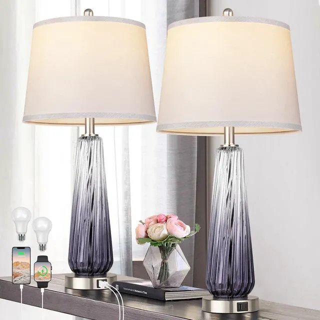 Main image of Glass Table Lamps Set of 2, Modern Bedside Lamps for Bedrooms with USB A+C Ports, 3-Way Dimmable Touch Control Nightstand Lamp with White Linen Shade, 27.5" Large Lamps for Living Room Decor, Grey