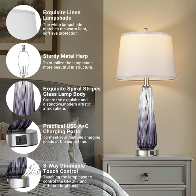 Alt view image 3 of 6 - Glass Table Lamps Set of 2, Modern Bedside Lamps for Bedrooms with USB A+C Ports, 3-Way Dimmable Touch Control Nightstand Lamp with White Linen Shade, 27.5" Large Lamps for Living Room Decor, Grey