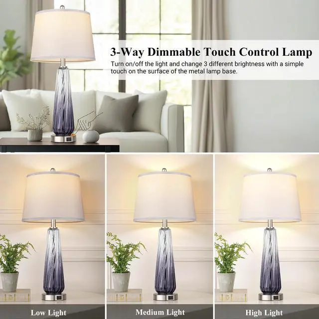 Alt view image 2 of 6 - Glass Table Lamps Set of 2, Modern Bedside Lamps for Bedrooms with USB A+C Ports, 3-Way Dimmable Touch Control Nightstand Lamp with White Linen Shade, 27.5" Large Lamps for Living Room Decor, Grey