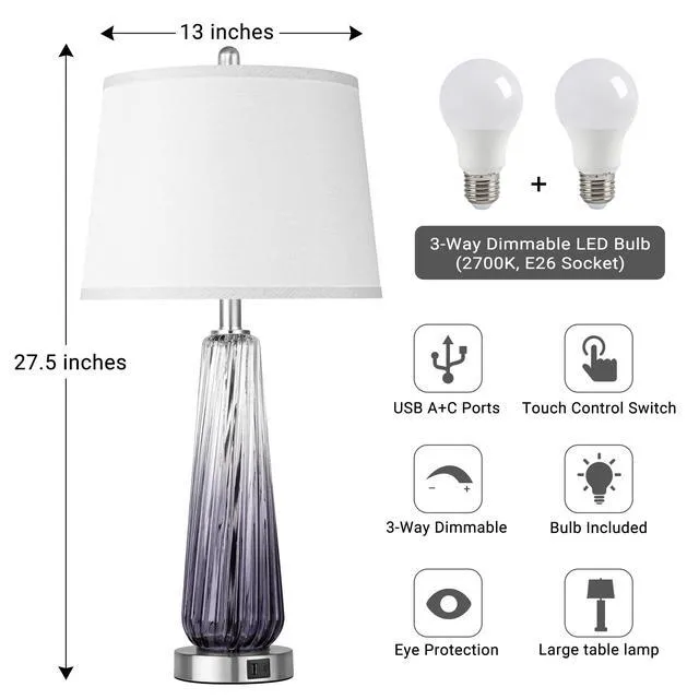 Alt view image 4 of 6 - Glass Table Lamps Set of 2, Modern Bedside Lamps for Bedrooms with USB A+C Ports, 3-Way Dimmable Touch Control Nightstand Lamp with White Linen Shade, 27.5" Large Lamps for Living Room Decor, Grey
