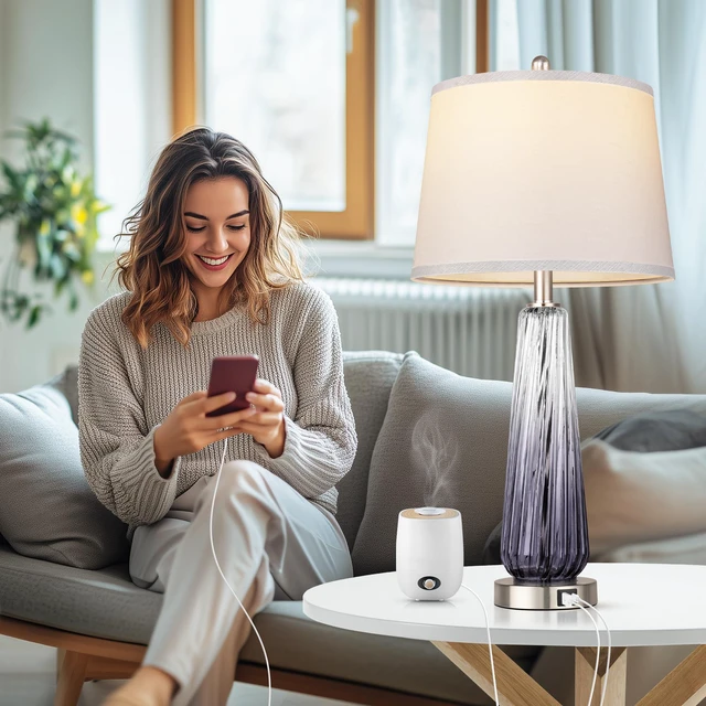 Alt view image 5 of 6 - Glass Table Lamps Set of 2, Modern Bedside Lamps for Bedrooms with USB A+C Ports, 3-Way Dimmable Touch Control Nightstand Lamp with White Linen Shade, 27.5" Large Lamps for Living Room Decor, Grey