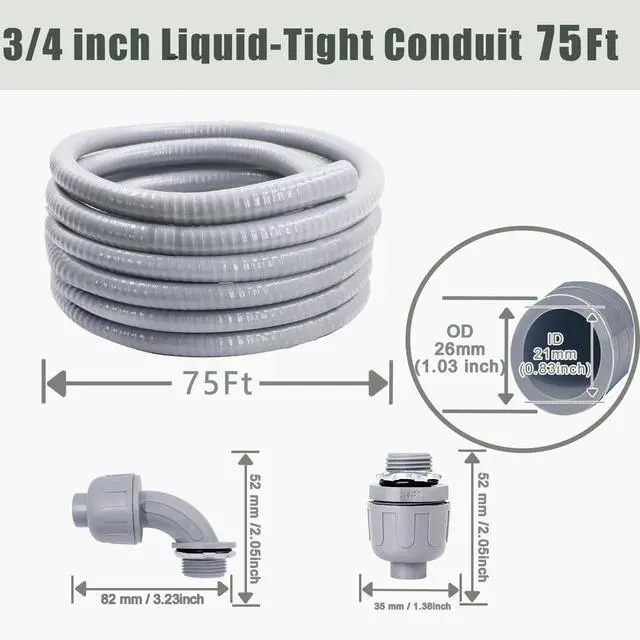 Alt view image 2 of 7 - Liquid-Tight Conduit and Connector Kit - 3/4 Inch 75 FT Non Metallic Liquid Tight Electrical Conduit with 5 Straight and 5 Angle Fittings