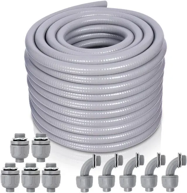 Main image of Liquid-Tight Conduit and Connector Kit - 3/4 Inch 75 FT Non Metallic Liquid Tight Electrical Conduit with 5 Straight and 5 Angle Fittings