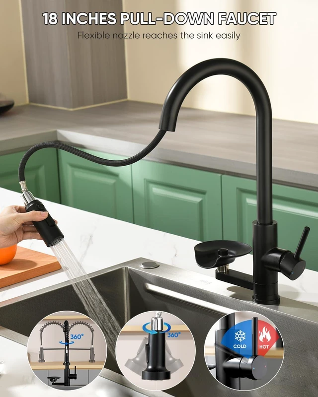 Alt view image 2 of 7 - Kitchen Faucet with Cup Washer Pull Down Sprayer Stainless Steel Kitchen Sink Faucet with Deck Plate Glass Rinser Single Hole Black