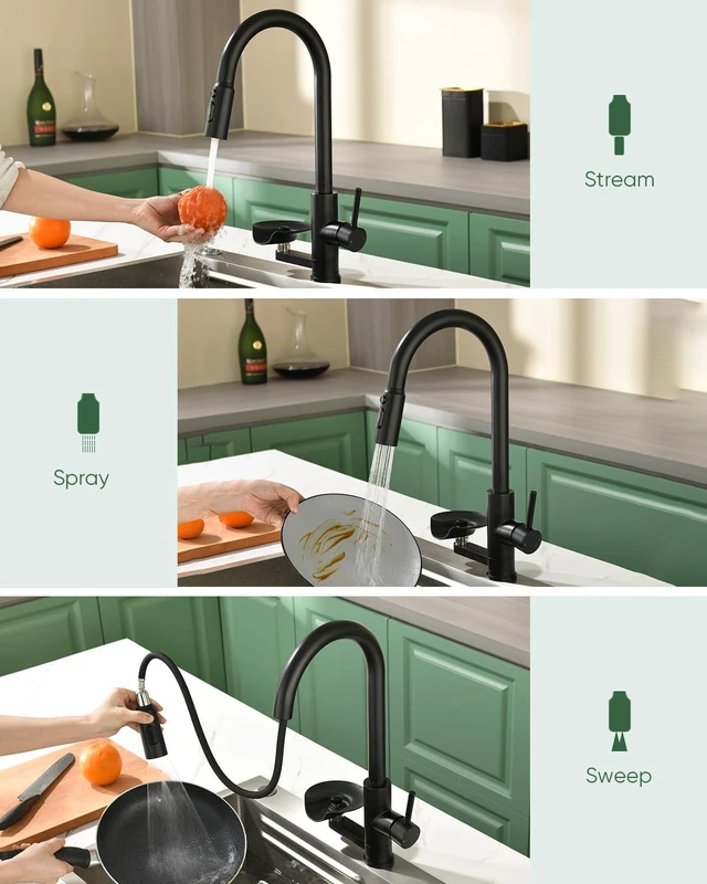 Alt view image 3 of 7 - Kitchen Faucet with Cup Washer Pull Down Sprayer Stainless Steel Kitchen Sink Faucet with Deck Plate Glass Rinser Single Hole Black