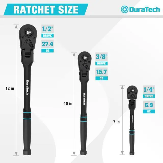 Alt view image 2 of 7 - 3-Piece Flex-Head Ratchet, 90-Tooth Quick-Release Ratchet Wrench 1/4", 3/8", 1/2" Socket Wrench with 180° Pivoting Head & 7-Position Setting, Reversible, CR-V Made, Black Mn Phosphate Finish