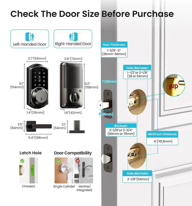 Alt view image 7 of 7 - VE06-L Smart Deadbolt Lock with 2 Lever Handle Set, Matte Black App & Fob Control, Electronic Digital Touchscreen Keypad, Remote Access Sharing, Keyless Entry for Front Door, Auto Lock