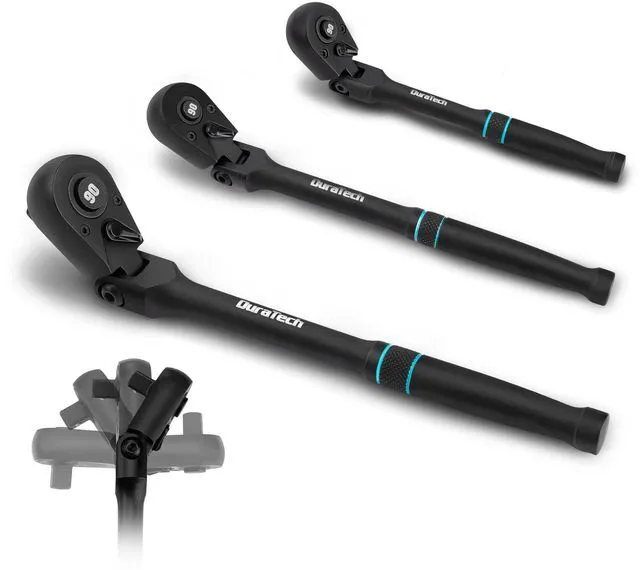 Main image of 3-Piece Flex-Head Ratchet, 90-Tooth Quick-Release Ratchet Wrench 1/4", 3/8", 1/2" Socket Wrench with 180° Pivoting Head & 7-Position Setting, Reversible, CR-V Made, Black Mn Phosphate Finish