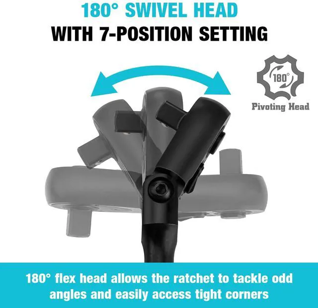 Alt view image 3 of 7 - 3-Piece Flex-Head Ratchet, 90-Tooth Quick-Release Ratchet Wrench 1/4", 3/8", 1/2" Socket Wrench with 180° Pivoting Head & 7-Position Setting, Reversible, CR-V Made, Black Mn Phosphate Finish