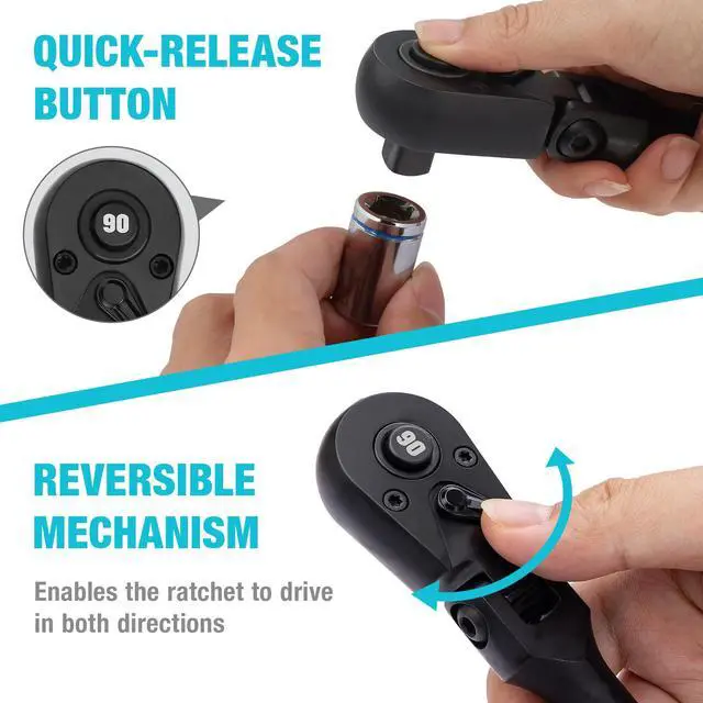 Alt view image 5 of 7 - 3-Piece Flex-Head Ratchet, 90-Tooth Quick-Release Ratchet Wrench 1/4", 3/8", 1/2" Socket Wrench with 180° Pivoting Head & 7-Position Setting, Reversible, CR-V Made, Black Mn Phosphate Finish