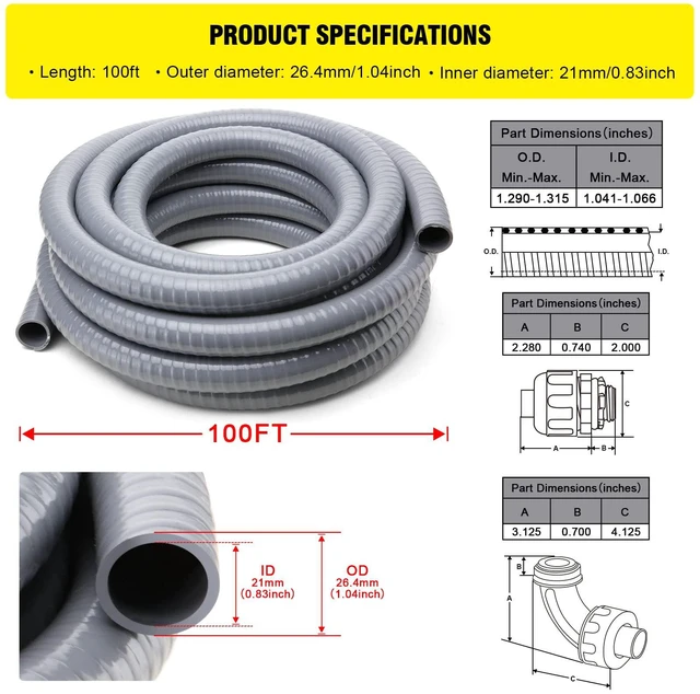 Alt view image 2 of 6 - Liquid-Tight Conduit and Connector Kit,Flexible Non Metallic Liquid Tight Electrical Conduit,3/4inch 100ft Electrical Conduit Kit,with 5 Straight and 3 Angle Fittings Included,3/4 in. Dia