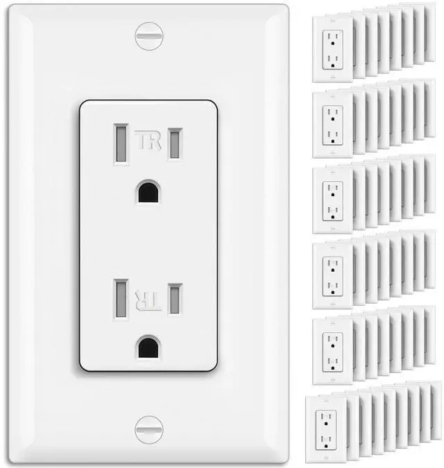 Main image of 50 Pack Receptacle Outlets, 15 Amp Wall Outlet, UL Listed, Tamper Resistant Electrical Outlet, Decorator Receptacles for Residential and Commercial Use, 125V/1875W, Wall Plate Included, White