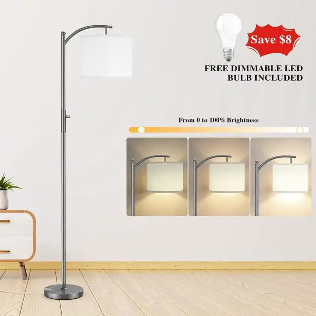 Alt view image 3 of 7 - Dimmable Floor Lamp, Arc Floor Lamps for Living Room, Stepless Dimming Modern Standing Lamp with Linen Shade, Tall Lamp for Bedroom Office Dining Room- Grey