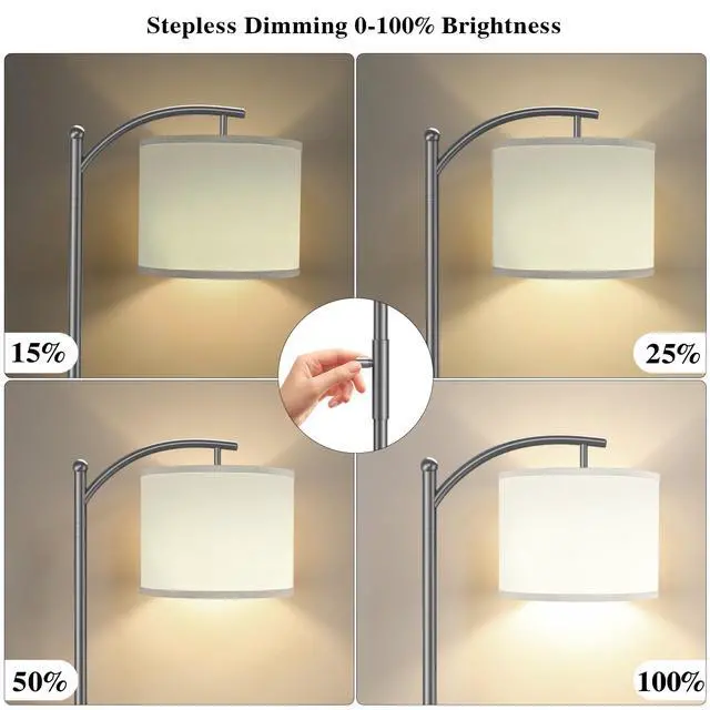Alt view image 5 of 7 - Dimmable Floor Lamp, Arc Floor Lamps for Living Room, Stepless Dimming Modern Standing Lamp with Linen Shade, Tall Lamp for Bedroom Office Dining Room- Grey