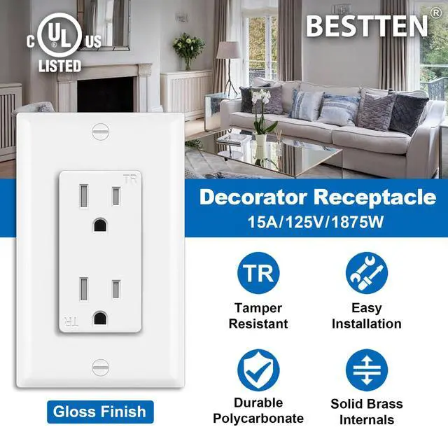 Alt view image 2 of 7 - 50 Pack Receptacle Outlets, 15 Amp Wall Outlet, UL Listed, Tamper Resistant Electrical Outlet, Decorator Receptacles for Residential and Commercial Use, 125V/1875W, Wall Plate Included, White