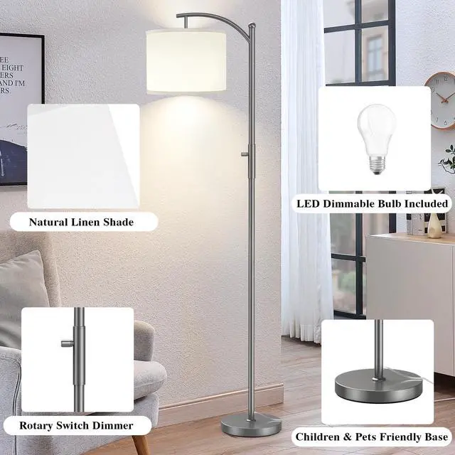 Alt view image 6 of 7 - Dimmable Floor Lamp, Arc Floor Lamps for Living Room, Stepless Dimming Modern Standing Lamp with Linen Shade, Tall Lamp for Bedroom Office Dining Room- Grey
