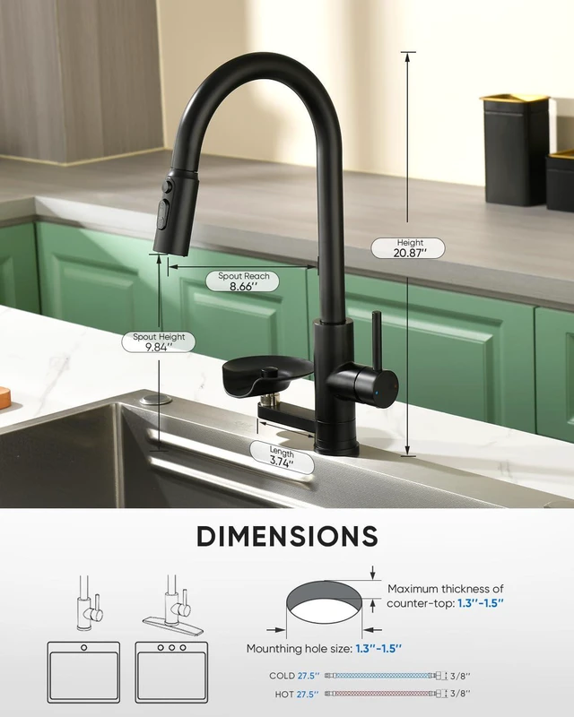 Alt view image 4 of 7 - Kitchen Faucet with Cup Washer Pull Down Sprayer Stainless Steel Kitchen Sink Faucet with Deck Plate Glass Rinser Single Hole Black