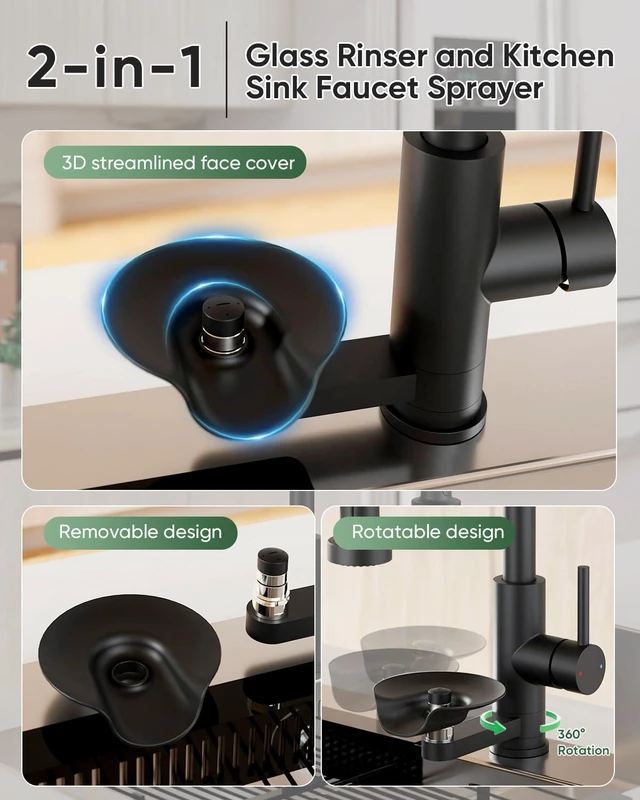 Alt view image 6 of 7 - Kitchen Faucet with Cup Washer Pull Down Sprayer Stainless Steel Kitchen Sink Faucet with Deck Plate Glass Rinser Single Hole Black