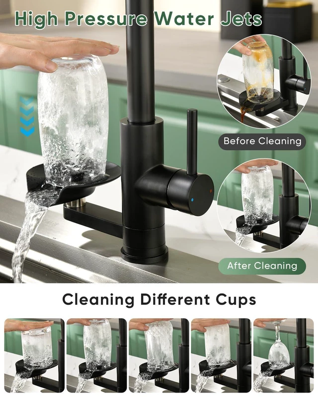 Alt view image 5 of 7 - Kitchen Faucet with Cup Washer Pull Down Sprayer Stainless Steel Kitchen Sink Faucet with Deck Plate Glass Rinser Single Hole Black