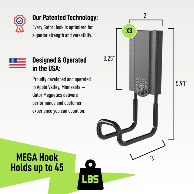 Alt view image 2 of 7 - MEGA 3 in Closed Hooks, 45 lb Magnetic Hooks 3 Pack Patented Easy-Release, Non-Slip Grip. Works on steel cabinets, doors, garage, toolboxes, pole barns, utility vans & more