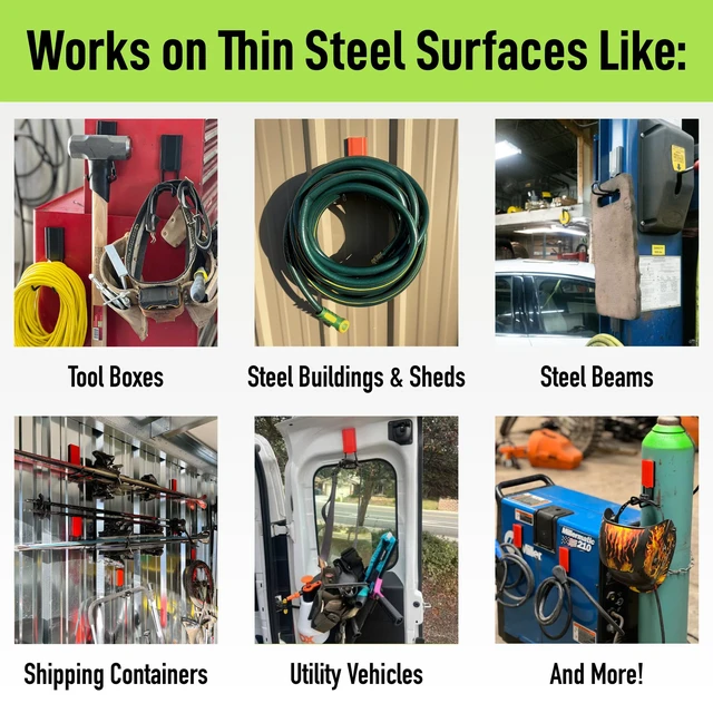 Alt view image 3 of 7 - MEGA 3 in Closed Hooks, 45 lb Magnetic Hooks 3 Pack Patented Easy-Release, Non-Slip Grip. Works on steel cabinets, doors, garage, toolboxes, pole barns, utility vans & more