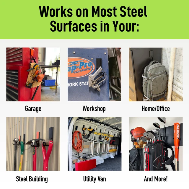 Alt view image 5 of 7 - MEGA 3 in Closed Hooks, 45 lb Magnetic Hooks 3 Pack Patented Easy-Release, Non-Slip Grip. Works on steel cabinets, doors, garage, toolboxes, pole barns, utility vans & more