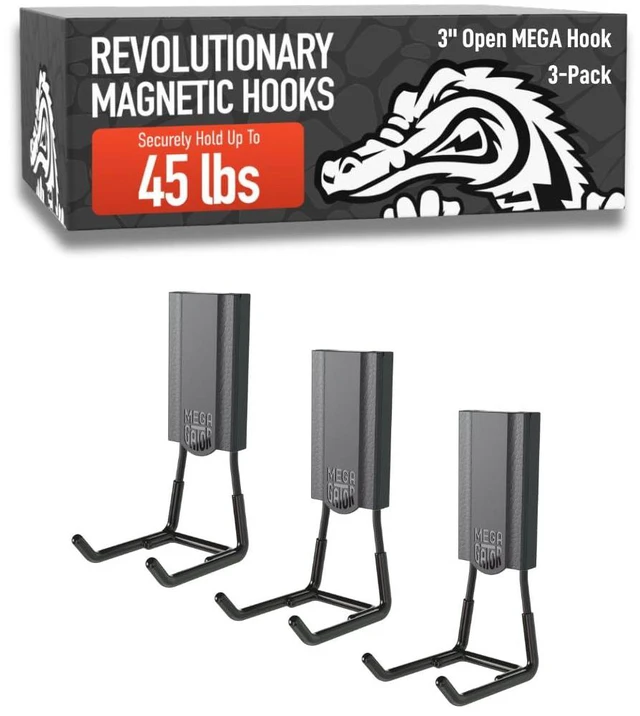 Main image of MEGA 3 in Open Hooks, 45 lb Magnetic Hooks 3 Pack Patented Easy-Release, Non-Slip Grip. Works on steel cabinets, doors, garage, toolboxes, pole barns, utility vans & more