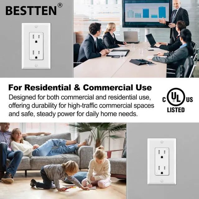 Alt view image 6 of 7 - 50 Pack Receptacle Outlets, 15 Amp Wall Outlet, UL Listed, Tamper Resistant Electrical Outlet, Decorator Receptacles for Residential and Commercial Use, 125V/1875W, Wall Plate Included, White