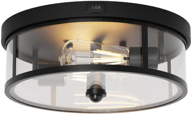 Main image of Outdoor Flush Mount Ceiling Light - 12.5in Motion Sensor Porch Light, 2-Light E26 Socket, Durable Iron & Clear Glass, Light Fixtures for Porch, Driveway, Covered Patio, Farmhouse