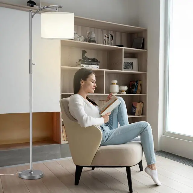 Alt view image 7 of 7 - Dimmable Floor Lamp, Arc Floor Lamps for Living Room, Stepless Dimming Modern Standing Lamp with Linen Shade, Tall Lamp for Bedroom Office Dining Room- Grey