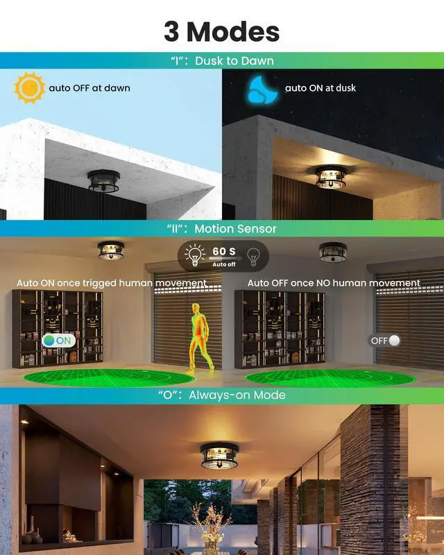 Alt view image 2 of 7 - Outdoor Flush Mount Ceiling Light - 12.5in Motion Sensor Porch Light, 2-Light E26 Socket, Durable Iron & Clear Glass, Light Fixtures for Porch, Driveway, Covered Patio, Farmhouse