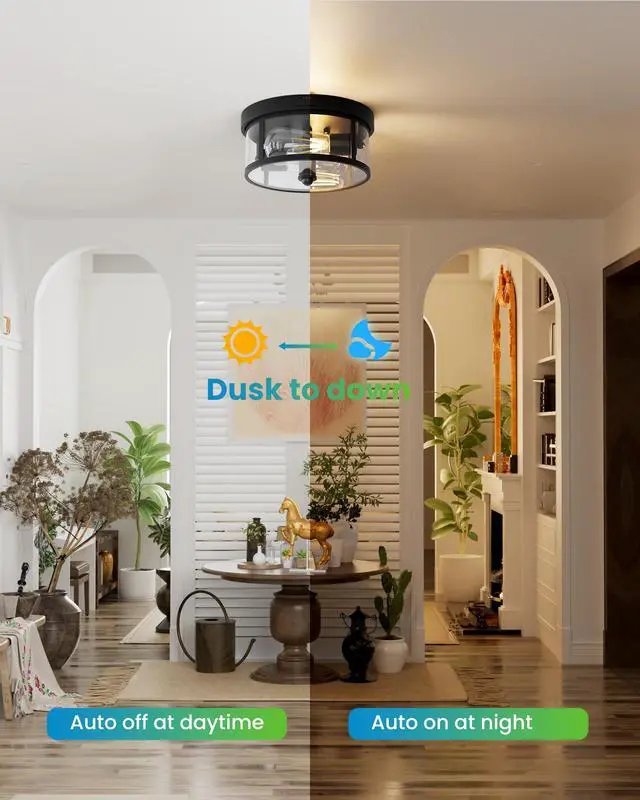 Alt view image 4 of 7 - Outdoor Flush Mount Ceiling Light - 12.5in Motion Sensor Porch Light, 2-Light E26 Socket, Durable Iron & Clear Glass, Light Fixtures for Porch, Driveway, Covered Patio, Farmhouse